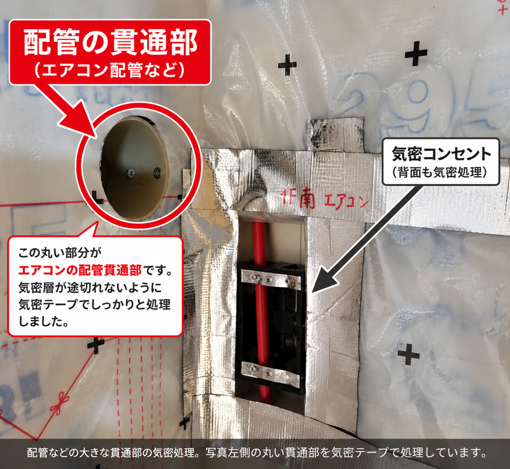 タマホーム新築でエアコン配管の貫通部を気密テープで処理した様子